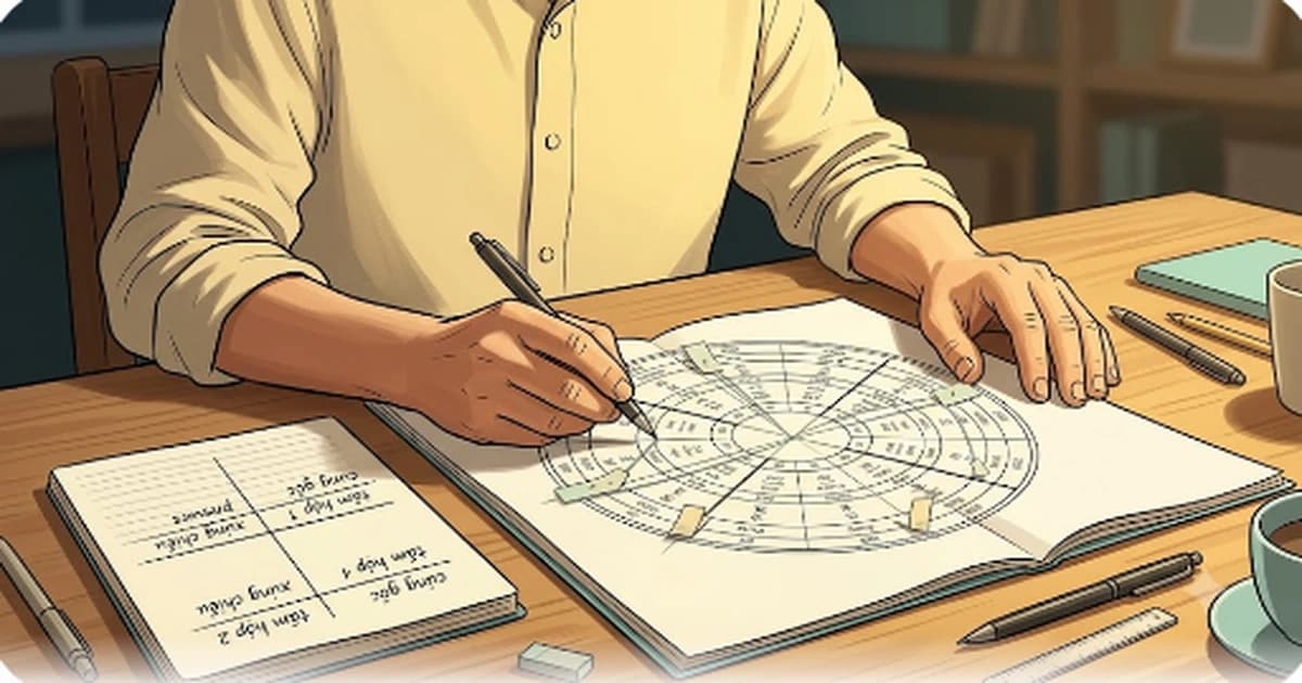 Người đang đối chiếu lá số tử vi với sổ ghi chú bốn ô để đọc tam hợp xung chiếu